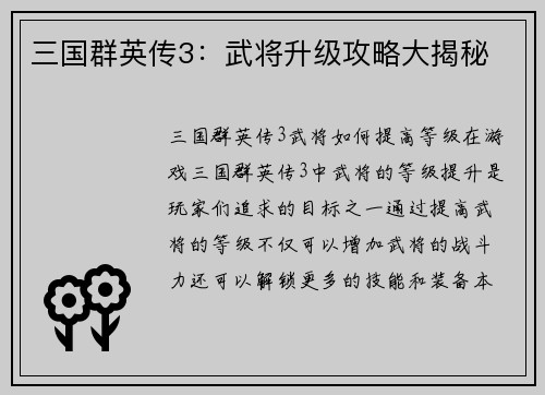 三国群英传3：武将升级攻略大揭秘